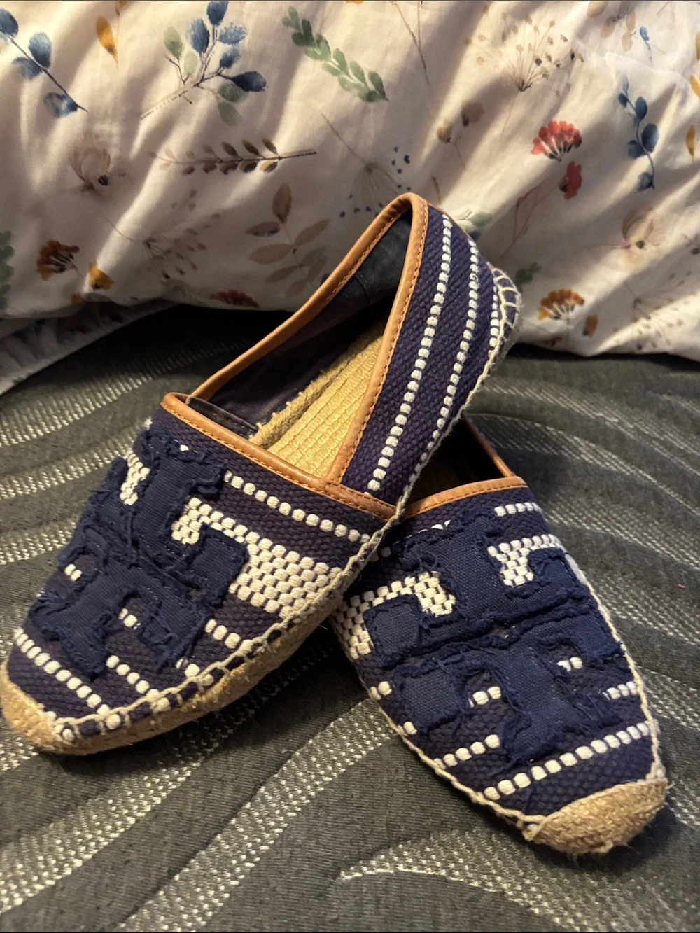Tory Burch Blue Shaw Espadrilles Cotton/Vegan Leather Shoes size 9